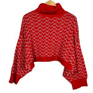NEW! Lili Sidonio Crop Mock Sweater Heart Print Red Silver Metallic Long Slv XS